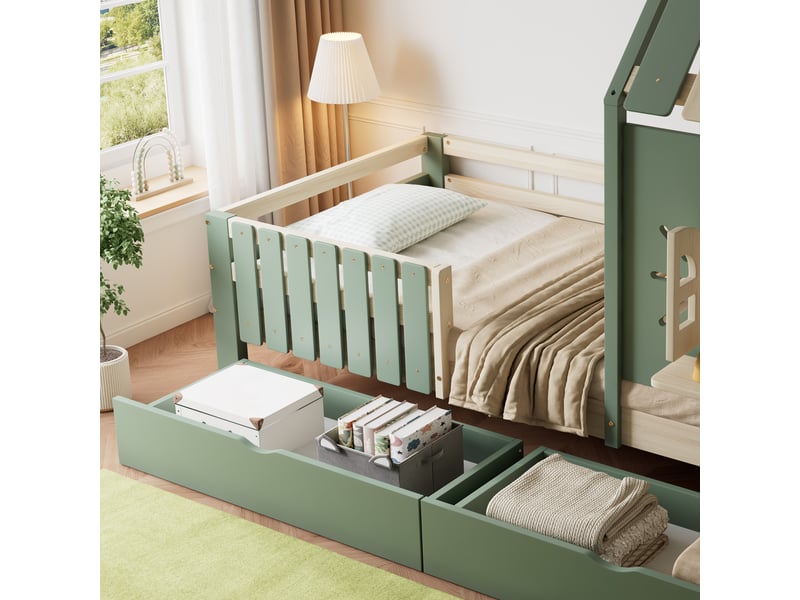 Lit 1 place 90x200cm, lit enfant avec 2 tiroirs, fenêtre et sommier, lit maison, pin+mdf, vert+naturel, sans matelas - Conforama D
