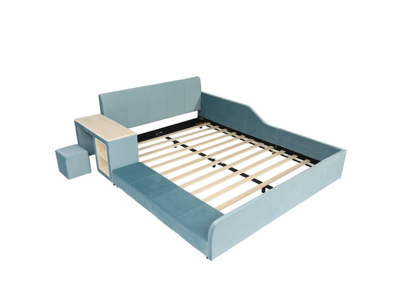 Lit double 140x200 avec bureau latéral et hocker en velours bleu