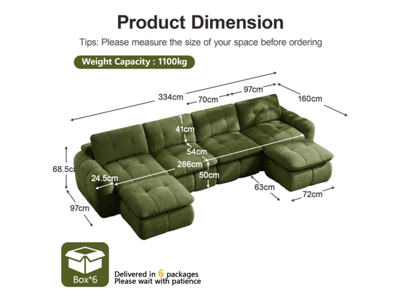  Canapé d’angle en u 4 places sans cadre – karostepp, chenille douce, vert, 2 ottomans  - Conforama C