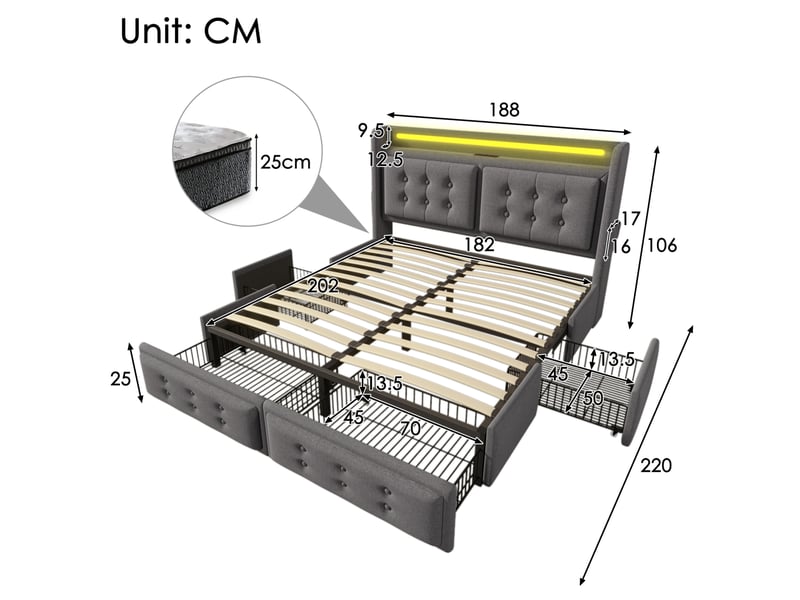 Lit 2 places 180x200 doté de tête de lit led intégré, sans matelas, gris, cadre en bois et métal, usb-c et 4 tiroirs  - Conforama C