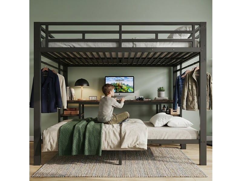  Lit superposé 140x200 et 90x200 cm en métal noir avec bureau et prises usb  - Conforama D