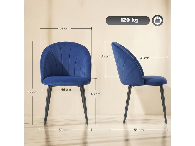 Lot de 2 chaises de salle à manger bleues rembourrées sans accoudoirs avec pieds en acier dimensions 52x55x79 cm - Conforama C