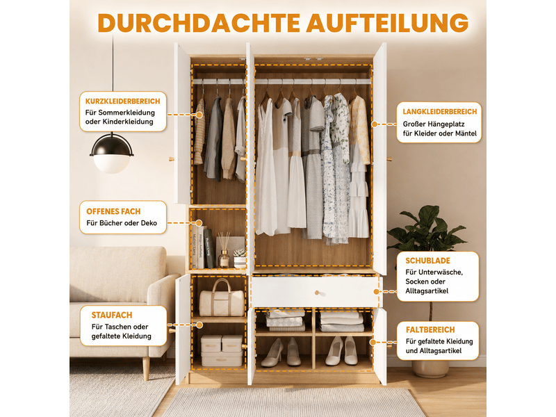 Armoire 3 portes armoire de chambre 120x50x200 cm avec 2 tringles 1 tiroir et compartiments blanc et bois - Conforama D