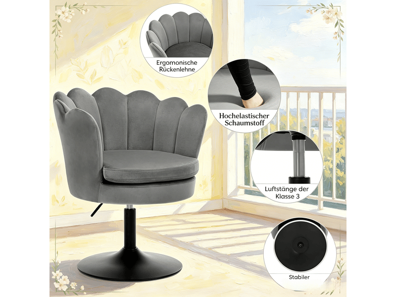  Fauteuil pivotant réglable avec accoudoirs, assise fleur en velours et métal gris foncé, 61,5 × 71-83 × 65 cm  - Conforama E