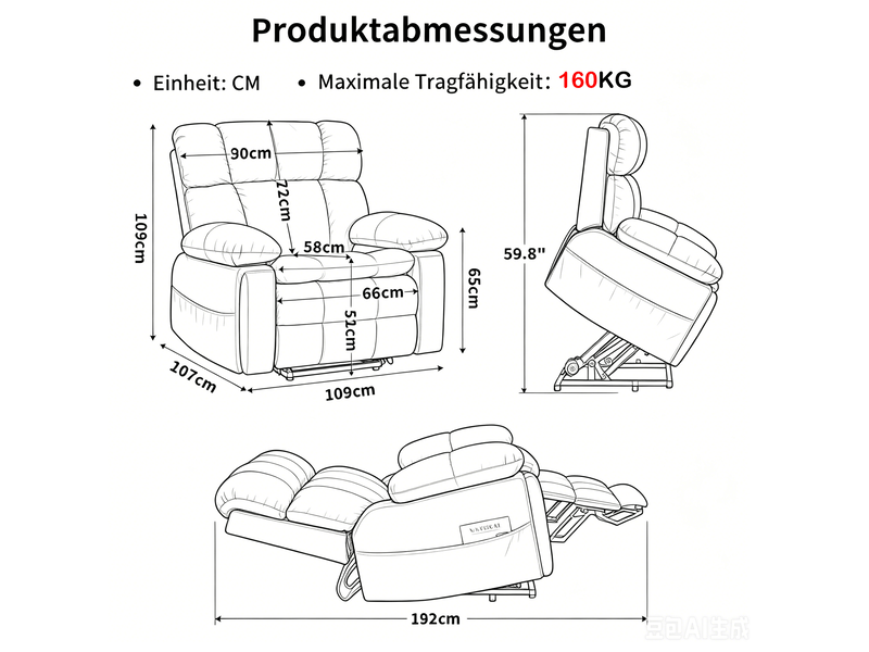 Fauteuil relax électrique releveur avec double moteur, massage, chauffage et repose-pieds, en flanelle beige - Conforama B