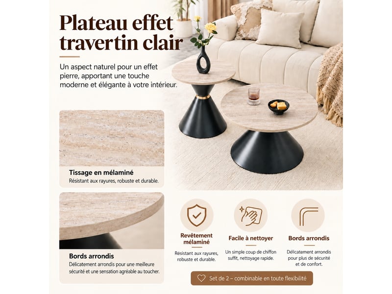  Lot de 2 tables basses rondes, plateau rond effet travertin beige, structure metal noir et dore, ø 7050 cm.  - Conforama R