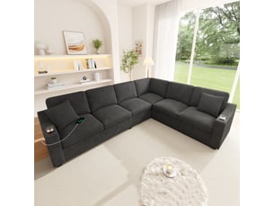 Canapé d'angle l 277x215x85cm - 6 places - usbtype-c + porte-gobelets + modulable - velours côtelé - gris