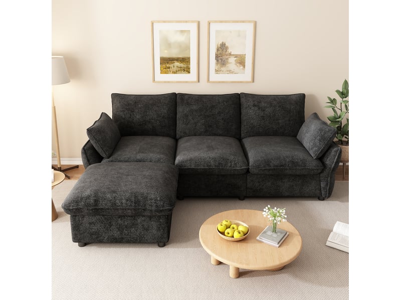  Canapé d'angle 3 places avec pouf modulable et 2 coussins, en chenille gris foncé, 222,5 × 154,5 × 76,5 cm  - Conforama D