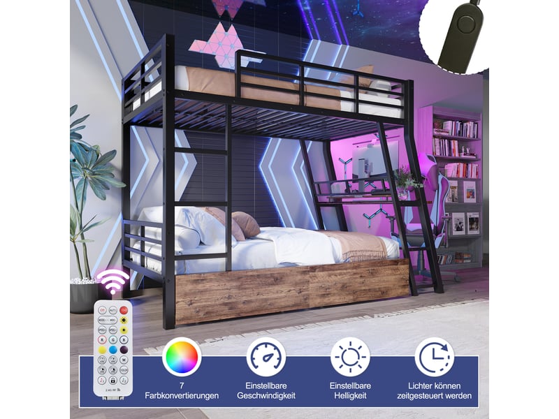  Lits superposés enfant 90x200 cm, led, table, tiroirs, garde-corps, sommiers, métal noir, sans matelas  - Conforama D
