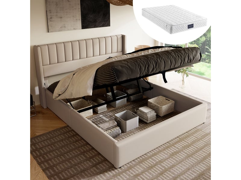  Lit coffre 160x200cm avec matelas inclus - lit rembourré - lin beige, rangement hydraulique pratique, tête de lit rayée, sommier  - Conforama D