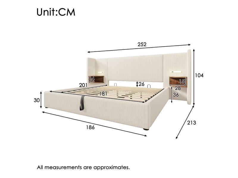  Lit double 180x200 cm corduroy beigeblanc – chevet, lampe lecture, ports usb-c et coffre  - Conforama C
