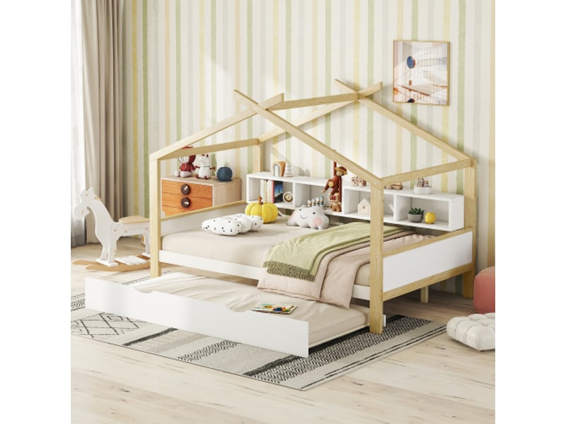  Lit cabane 140x200 cm, lit double avec lit gigogne, 4 compartiments de rangement, en bois, blanc, sans matelas  - Conforama B