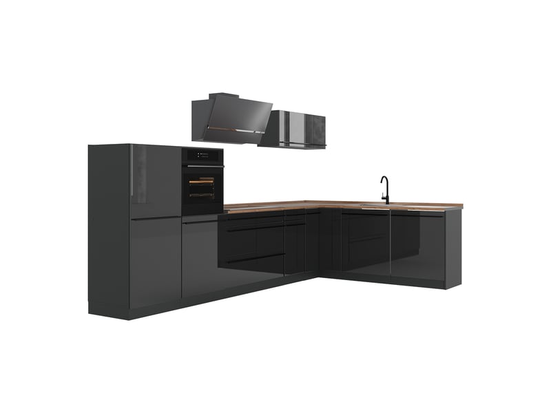  Vicco cuisine en angle, anthracite haute brillanceanthracite, 347 x cm plan de travail chêne doré  - Conforama A