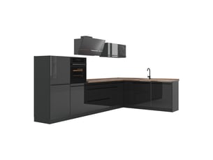Vicco cuisine en angle, anthracite haute brillanceanthracite, 347 x cm plan de travail chêne doré