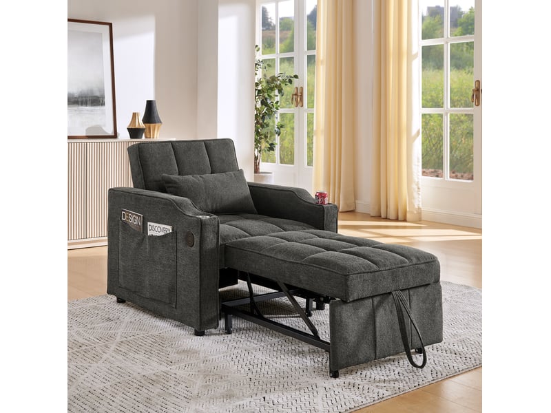  Fauteuil relax convertible 3-en-1 gris foncé avec fonction lit, usbusb-c et dossier réglable  - Conforama C