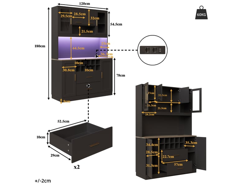  Buffet de cuisine 6 portes 2 tiroirs - 120 cm noir led mdf buffet de cuisine noir - Conforama C