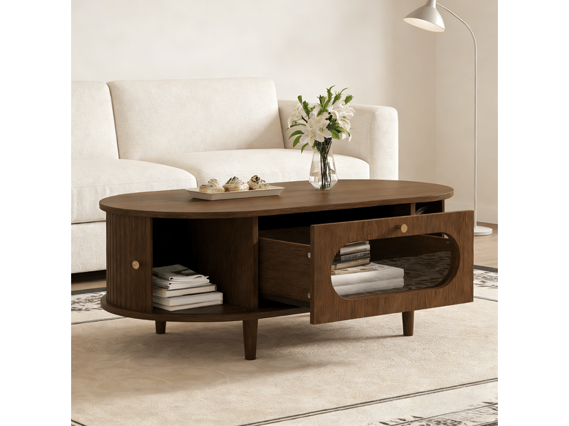 Table basse noyer 100x50 cm avec tiroir et portes coulissantes, design minimaliste pour salon - Conforama B