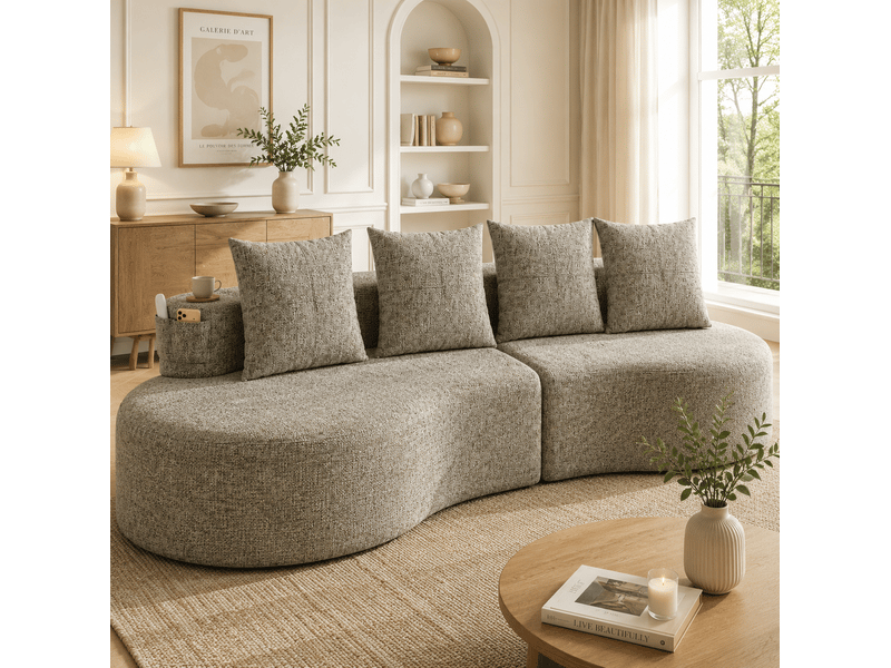 Canapé 4 places en tissu de lin kaki avec 4 coussins, porte-gobelet et poches latérales - Conforama B