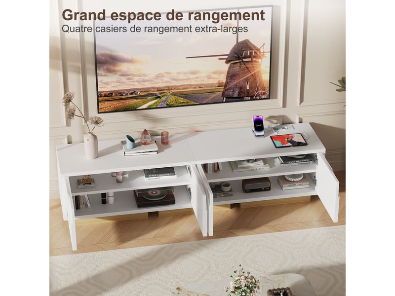  Meuble tv blanc 175 cm style nordique avec 4 portes, multiprise usb-c intégrée, étagères réglables, pour tv jusqu’à 80 pouces  - Conforama D