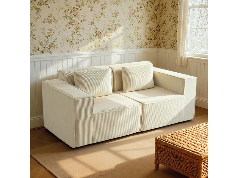  Canapé 3 places en velours côtelé, canapé rembourré, larges accoudoirs, 2 coussins, pas de montage, 202x90x76cm, beige  - Conforama B
