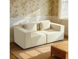 Canapé 3 places en velours côtelé, canapé rembourré, larges accoudoirs, 2 coussins, pas de montage, 202x90x76cm, beige