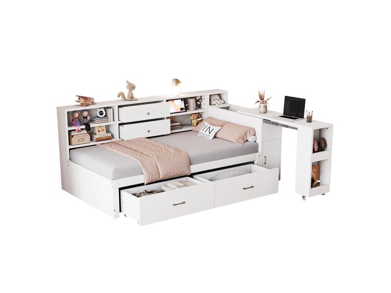  Modenvie lit 1 place 90x200 cm - avec rangement intégré, bureau extractible et ports usb - blanc  - Conforama A