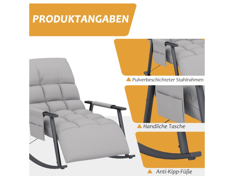  Fauteuil à bascule gris en microfibre avec repose-pieds, dossier réglable, poche latérale, 120 kg  - Conforama D