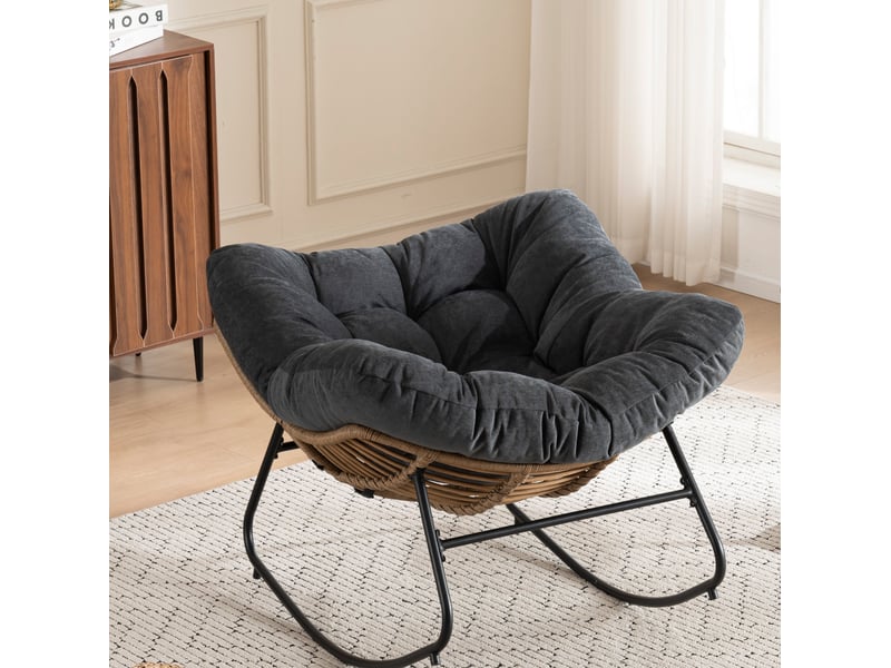  Fauteuil à bascule œuf avec structure métallique, charge maximale 158 kg, pour intérieur et extérieur, en chenille noir  - Conforama B