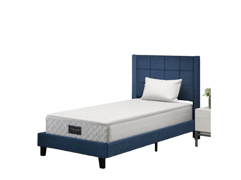  Lit simple 90x200 cm - lit rembourré avec sommier à lattes - lin - matelas inclus - bleu  - Conforama A