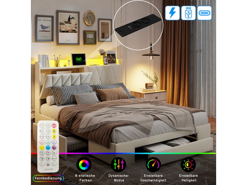 Lit adult 160 x 200 avec sommier led et usb, lit double capitonné avec 3 tiroirs, lit 2 places avec sommier à lattes, velours - Conforama D