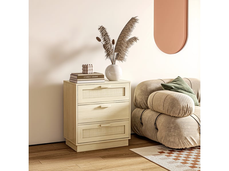  Commode design bohème en rotin avec 3 tiroirs, meuble de rangement pour le salon, le couloir, bois naturel, l'entrée  - Conforama D