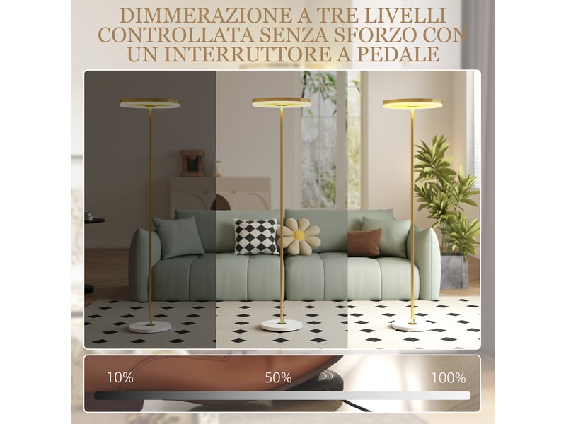  Lampadaire moderne doré avec éclairage à intensité variable (3 niveaux) et interrupteur au pied  - Conforama D