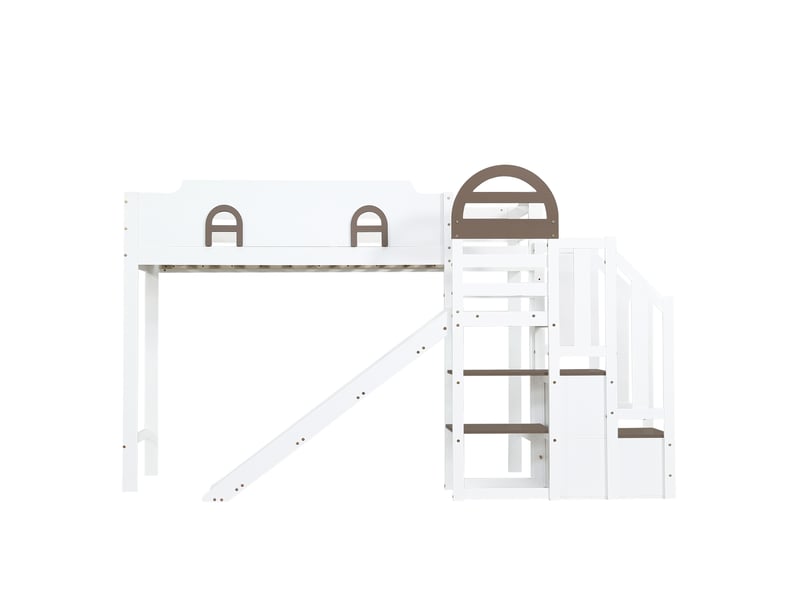  Lit superposé enfant 90x200 cm blanc en bois et mdf, avec fenêtre, toboggan et escalier de rangement  - Conforama D