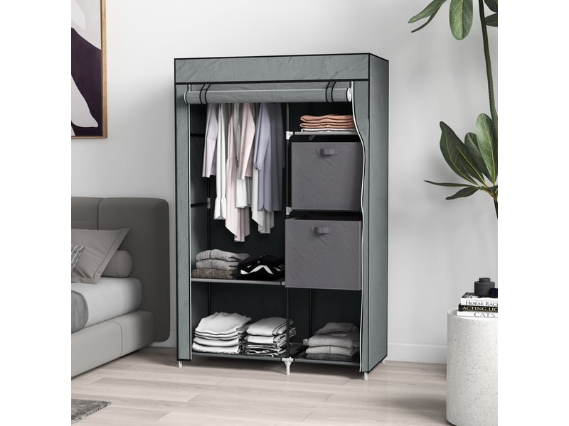  Armoire en tissu, pliable, 1 tringle, 6 étagères, 102 x 42,5 x 162,5 cm, grise  - Conforama D