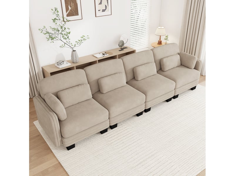  Canapé droit modulaire 4 places en chenille café clair avec coussins lombaires  - Conforama D