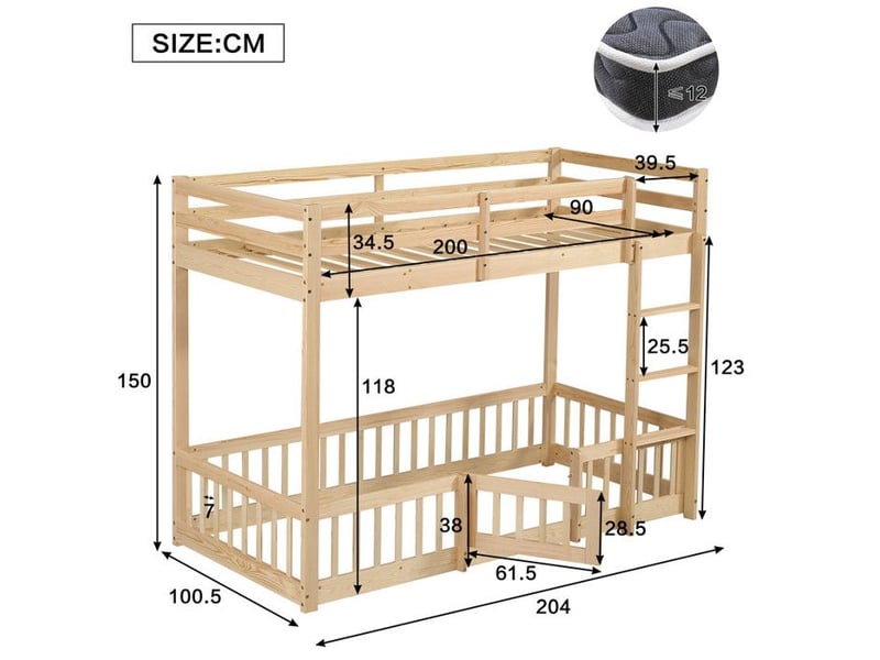  Lit superposé 90x200cm sécurisé en747 - avec porte - escalier droit 3 marches &amp; barrières 360°, pin massif fsc, naturel 204x100.5x150cm - Conforama E
