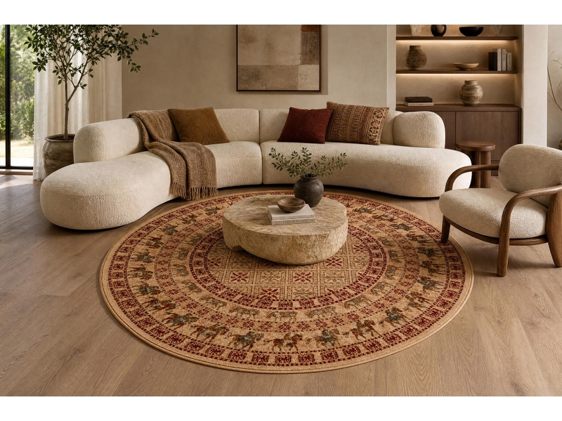 Tapis en laine kashqai 4301 100 cercle oriental, ethnique, couleur saumon bordeaux cercle 120 cm - Conforama E