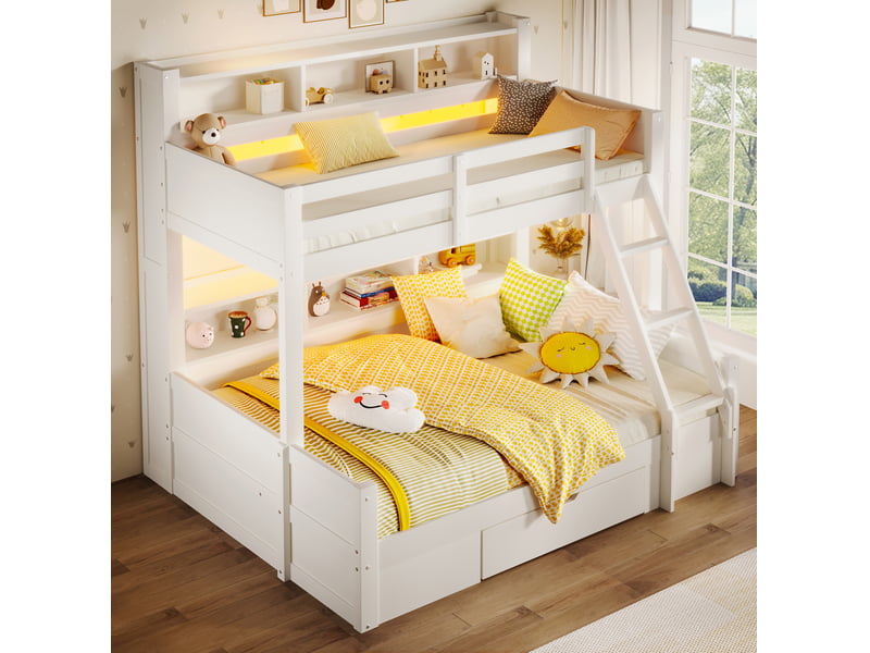  Lit superposé enfant 90x200 cm et 140x200 cm blanc avec led et rangement  - Conforama D