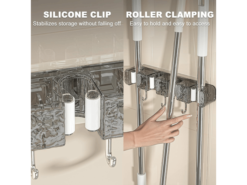 2 pièces porte-balais mural sans percer - accroche-mop et balais avec 4 clips et 3 crochets, fixation autocollante, gris translucide - Conforama C