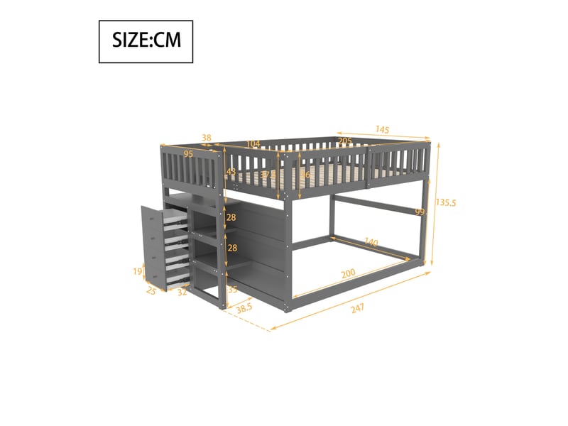 Lit superposé bas 140 x 200 cm avec escalier, 4 tiroirs et garde-corps, en bois gris pour chambre enfant - Conforama C