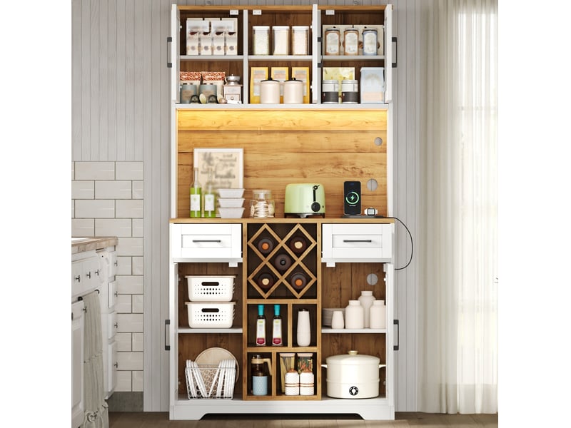  Buffet de cuisine 105x40x180 cm avec led, casier à vin, naturel et blanc  - Conforama D