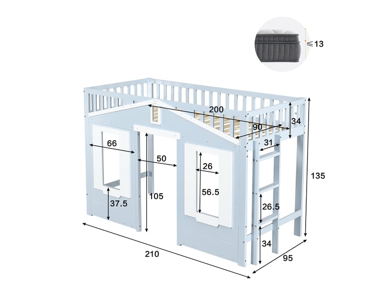  Lit mezzanine 90x200cm, lit enfant avec fenêtre et échelle modulable, en bois de pin et mdf gain de place, blanc et bleu  - Conforama E