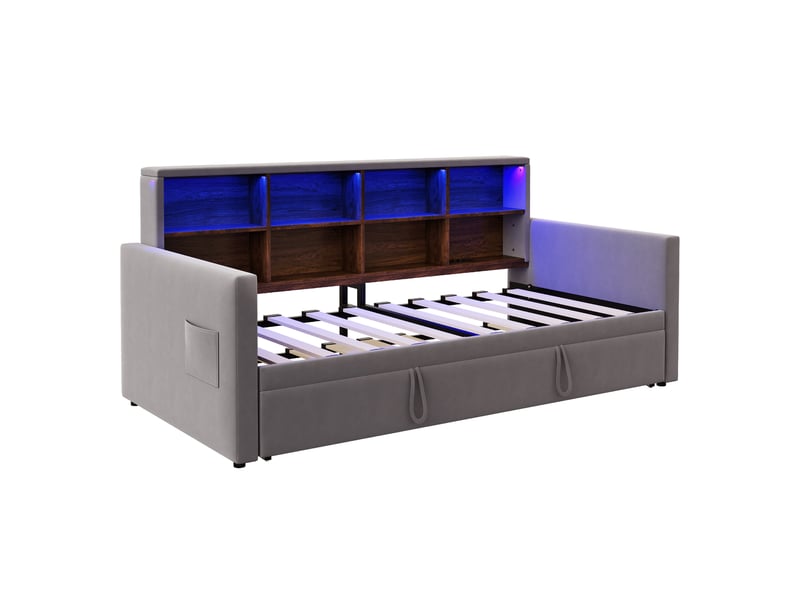  Lit canapé velours gris foncé 90x190 cm avec lit gigogne, rangements, led et usb  - Conforama E