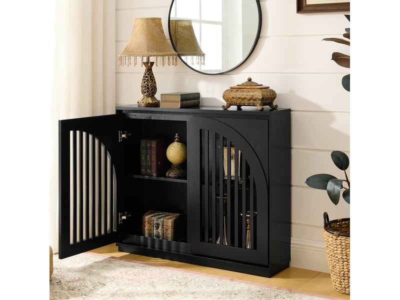  Buffet étroit noir style mid-century avec façades rainurées et 2 ouvertures pour prises électriques 4071298405477 - Conforama B