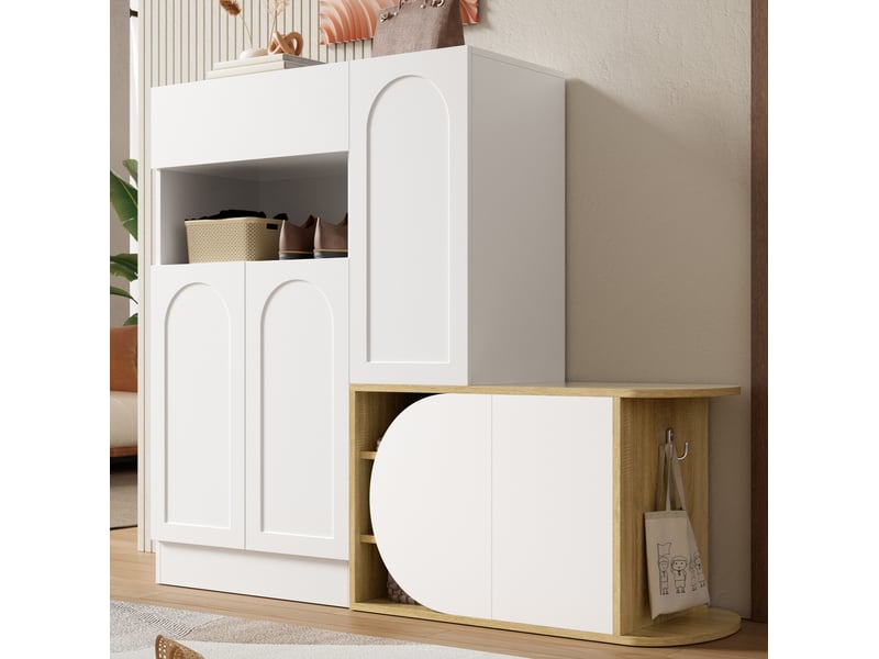  Meuble à chaussures 130x35x110,5 cm avec banc, 5 portes et tiroir blanc effet bois  - Conforama E