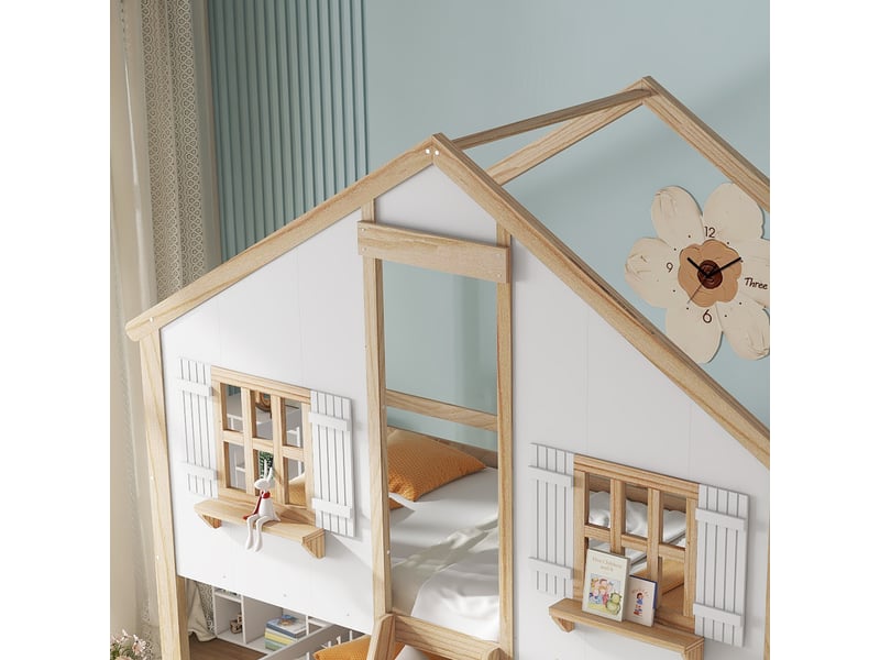  Lit superposé enfant en pin et mdf blanc ou naturel 90x200cm avec fenêtres, toit, lattes et garde-corps  - Conforama C