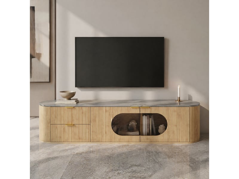  Meuble tv avec tiroirs, portes et vitrine ovale en verre gris pour salon, en mdf, 172×38×45,5 cm, naturel  - Conforama B