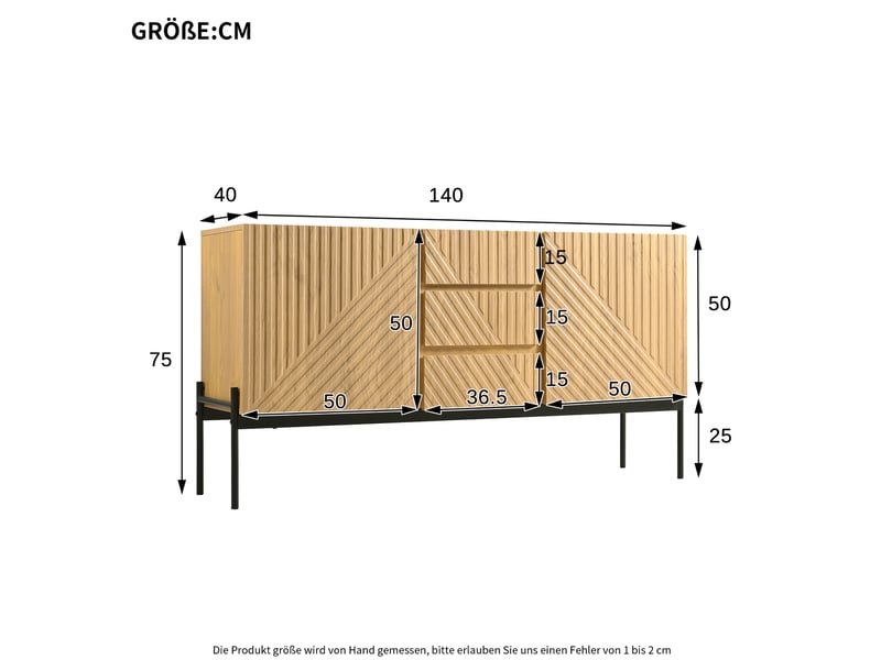  Meuble tv avec 2 portes, 3 tiroirs et pieds en métal, naturel, 140 x 40 x 75 cm  - Conforama E