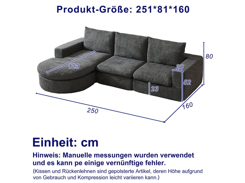  Canapé modulable 250x160x80 cm 3 places avec méridienne gris  - Conforama E