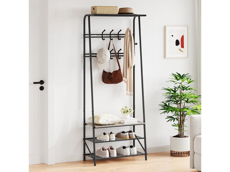  4-en-1 vestiaire d’entrée avec range chaussures, porte-manteau à 10 crochets, 180 x 63 x 30 cm, gris  - Conforama B